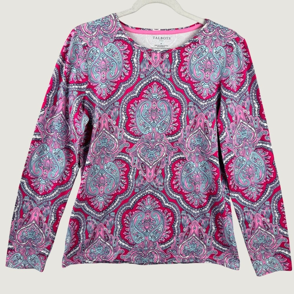 Talbots Paisley Top Womens Medium Pink Blue Long Sleeve Crewneck Knit NWT NEW